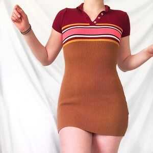 🔥NWT Urban Outfitters | Women’s mustard/navy striped ribbed polo bodycon dress M